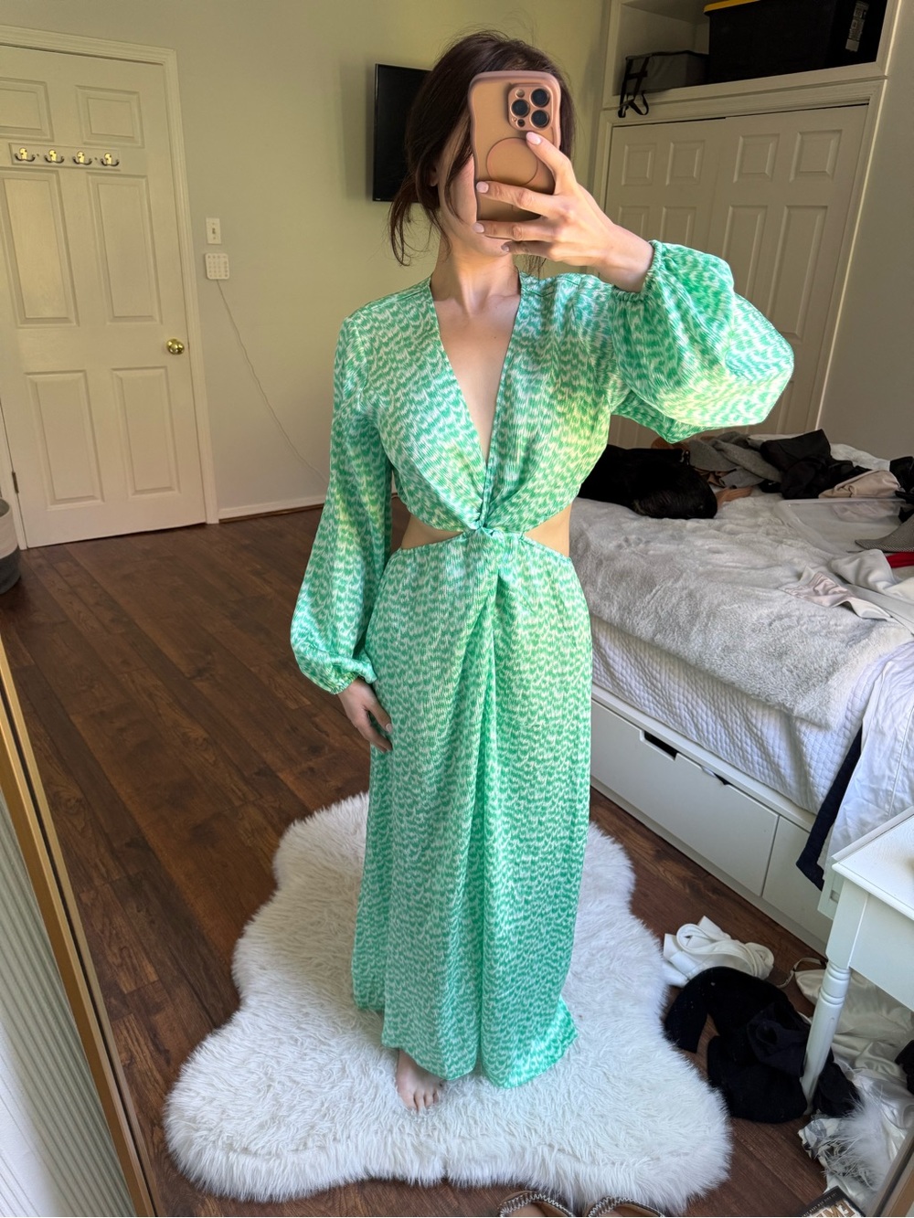 H&M Green Tie-Front Long Sleeve Maxi Dress